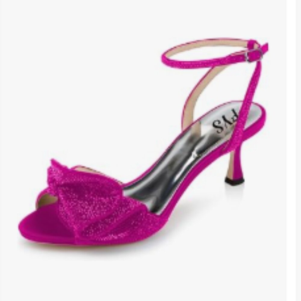 FYS Fuchsia Rhinestones Bow Peep Toe Mid Heel Ankle Strap Satin Dress Sandals